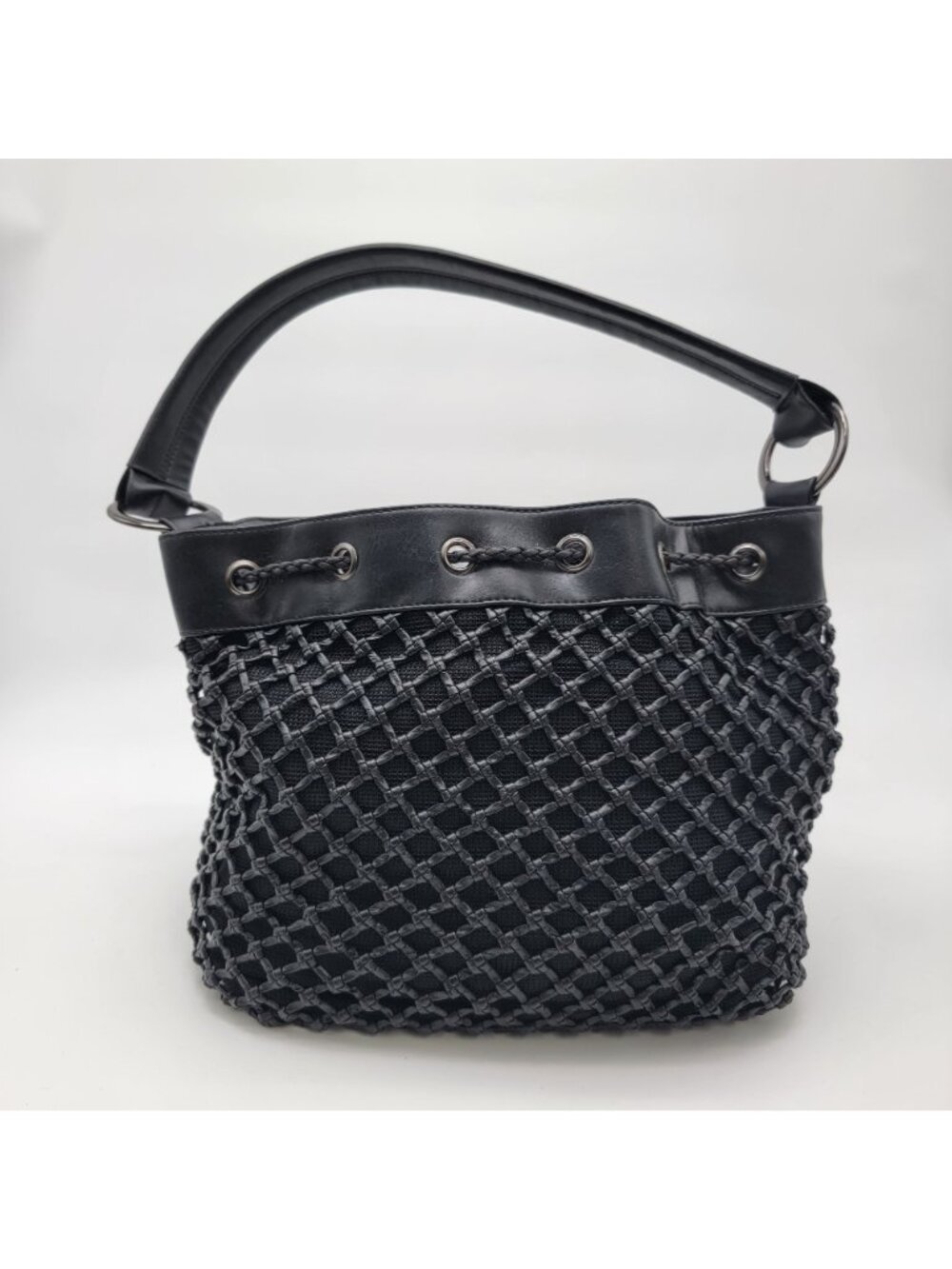 Black Basket Weave Mesh Bucket Shoulder Bag Purse - Picture 4 of 16